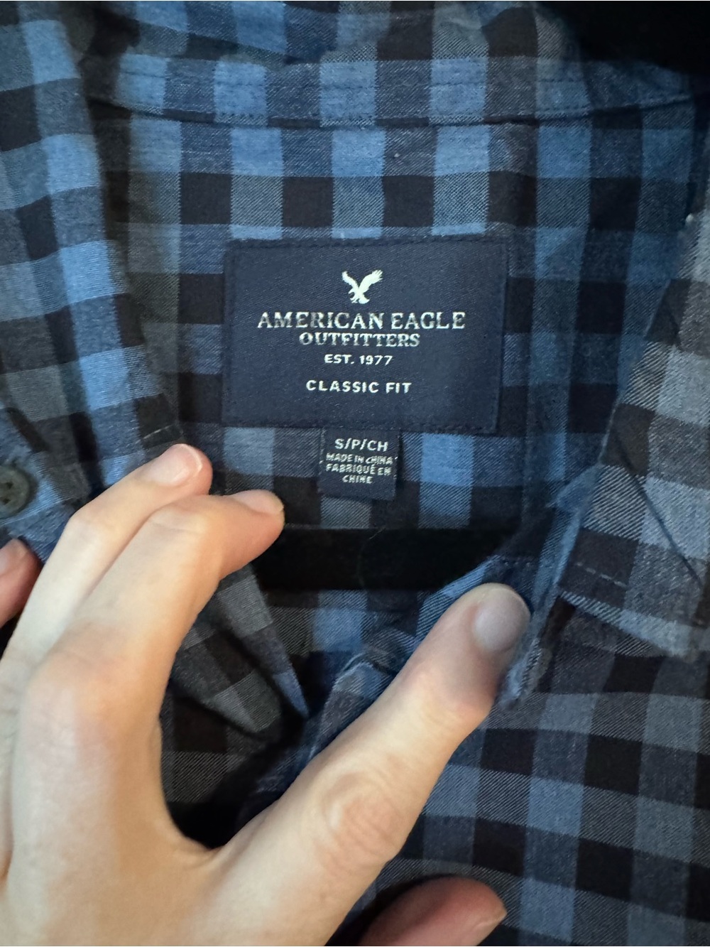 American Eagle Men's Blue and Black Check Button-Down Shirt - Picture 3 of 6